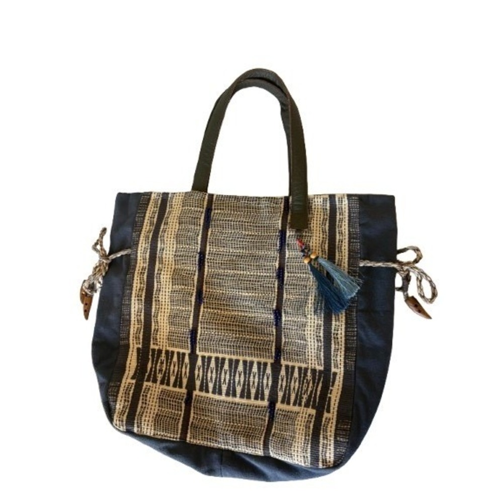 Ale by Alessandra Navy Woven Boho Tote Bag Leather Straps Tassel Bead Detail